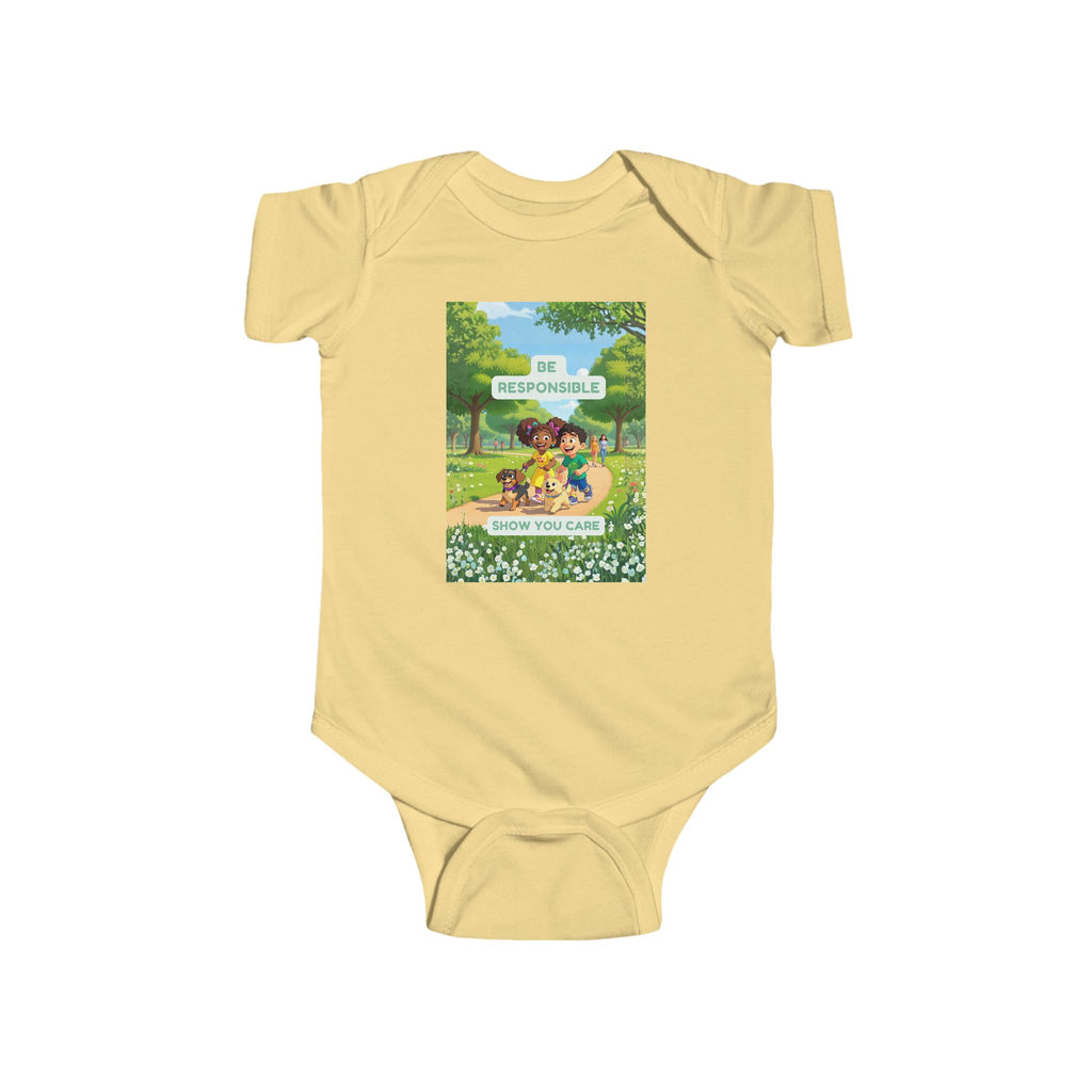 Infant Bodysuit — "Be Responsible / Show You Care" Silly Mutts Tales Puppy Walkers