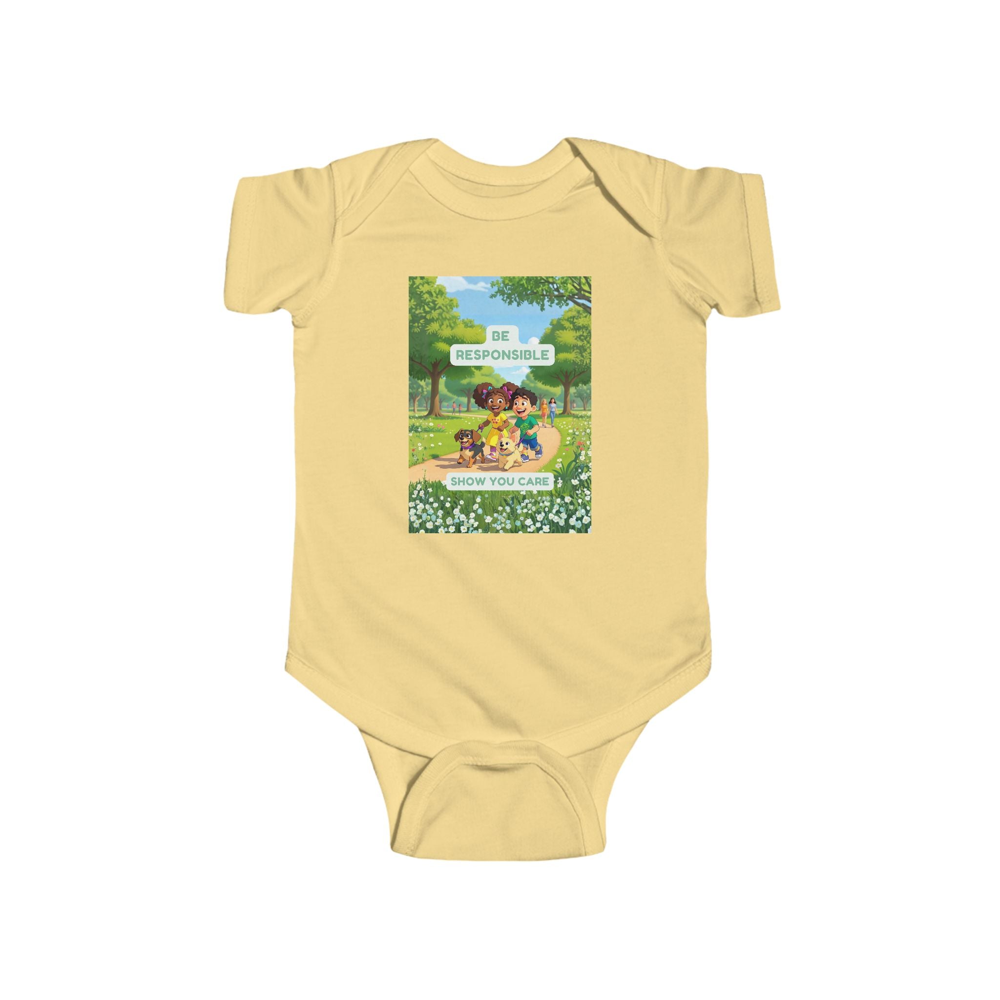 Infant Bodysuit — "Be Responsible / Show You Care" Silly Mutts Tales Puppy Walkers
