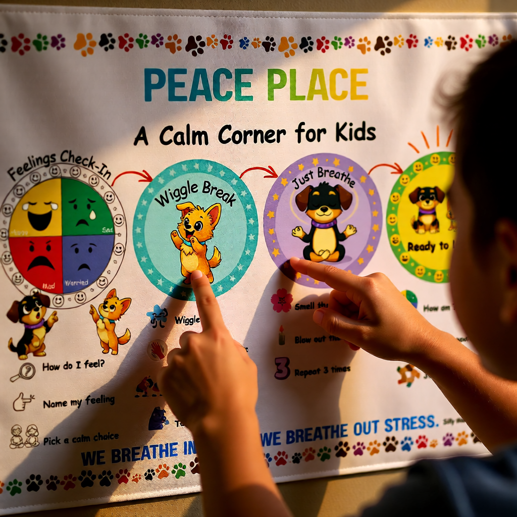 Peace Place Calm Corner Tapestry for Kids A Simple SEL Routine with Silly Mutts Tale's Candy & Peeps