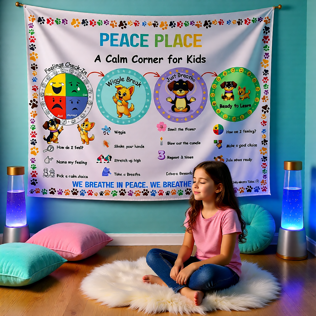 Peace Place Calm Corner Tapestry for Kids A Simple SEL Routine with Silly Mutts Tale's Candy & Peeps