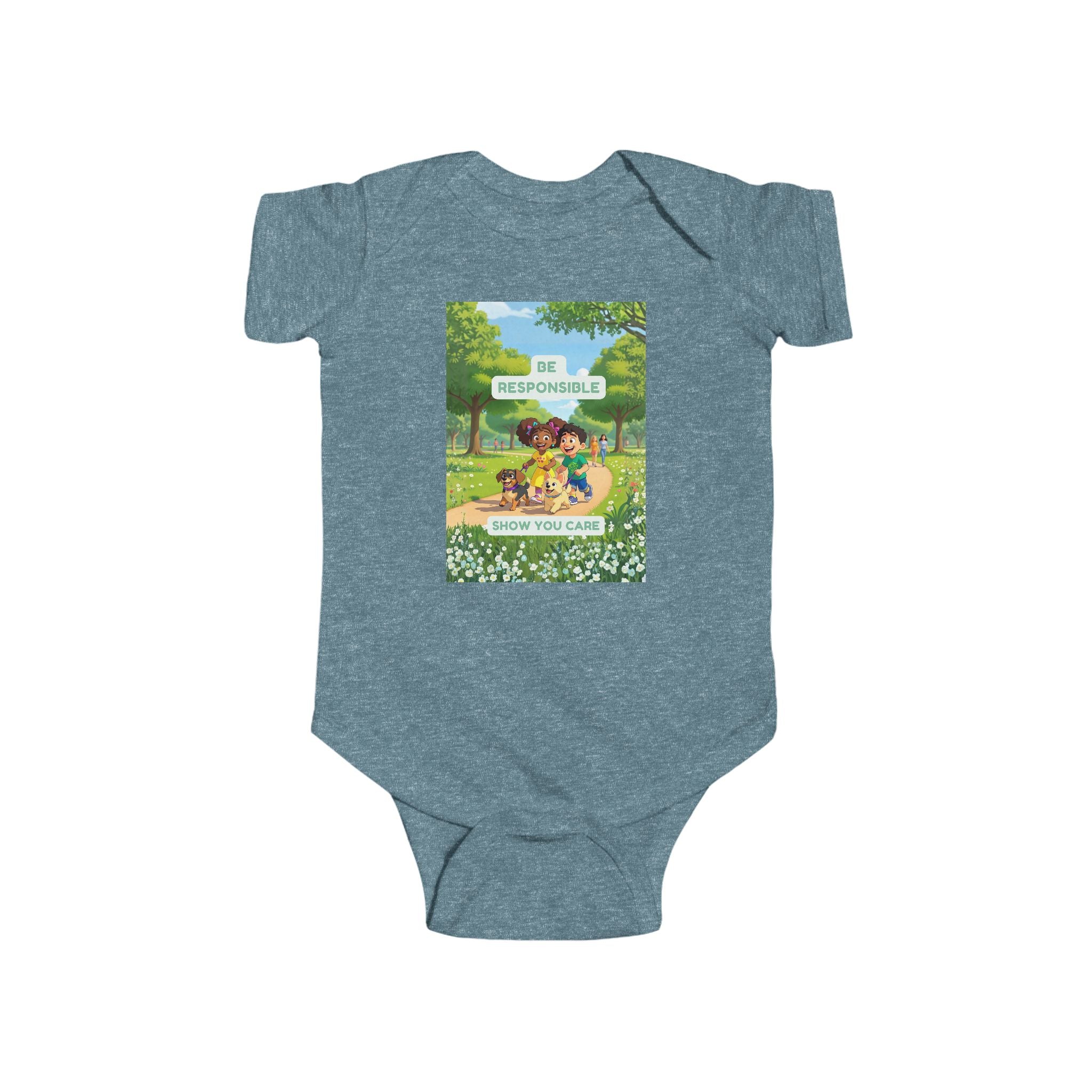 Infant Bodysuit — "Be Responsible / Show You Care" Silly Mutts Tales Puppy Walkers