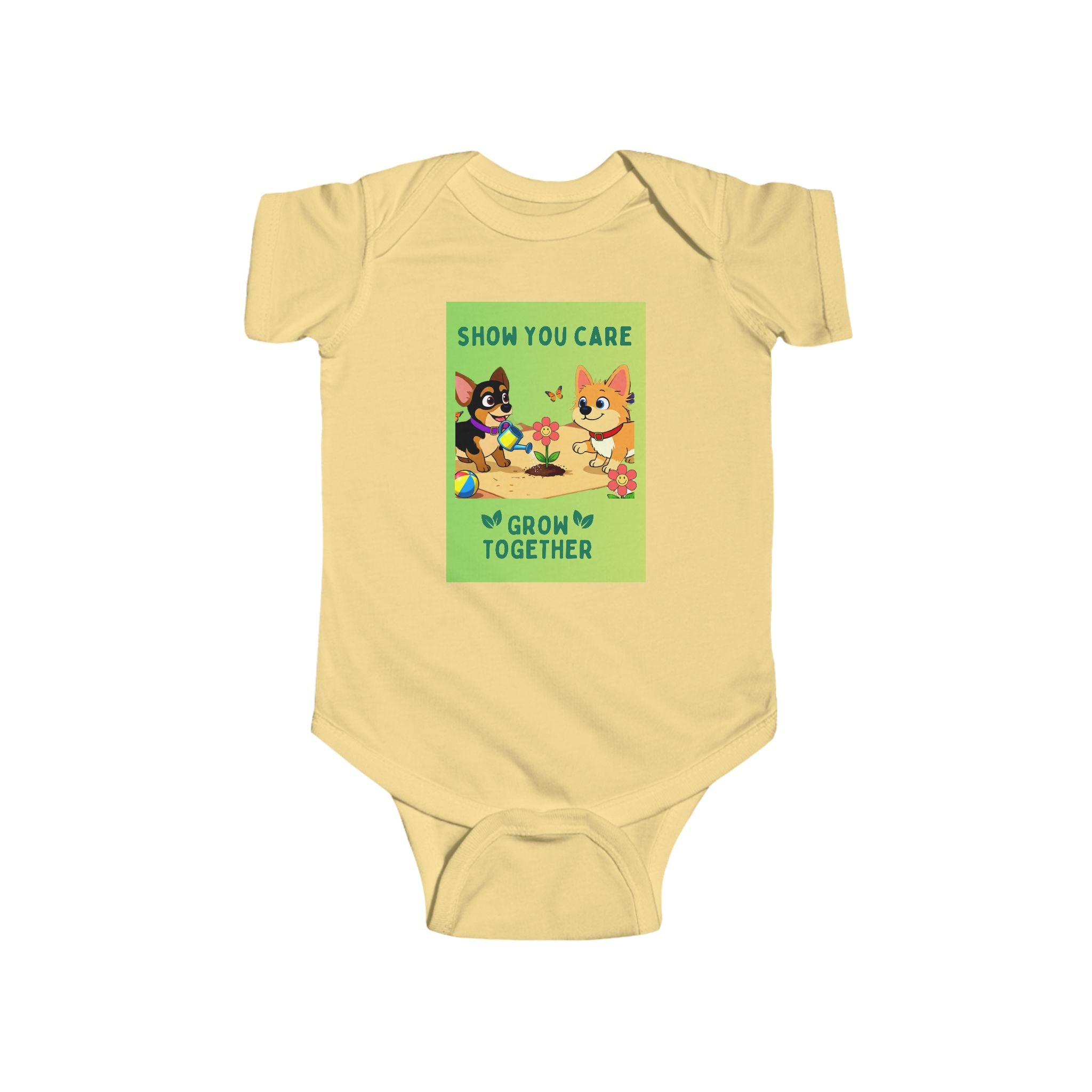 Infant Bodysuit — "Show You Care, Grow Together" Silly Mutts Tales Dogs (Peeps & Candy)