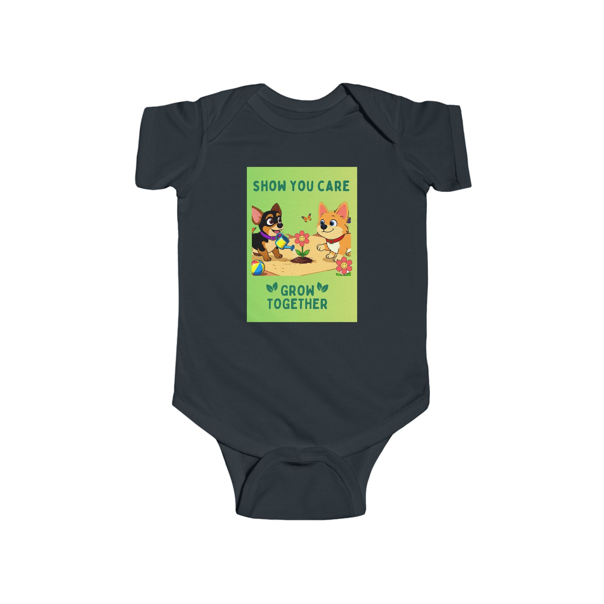 Infant Bodysuit — "Show You Care, Grow Together" Silly Mutts Tales Dogs (Peeps & Candy)